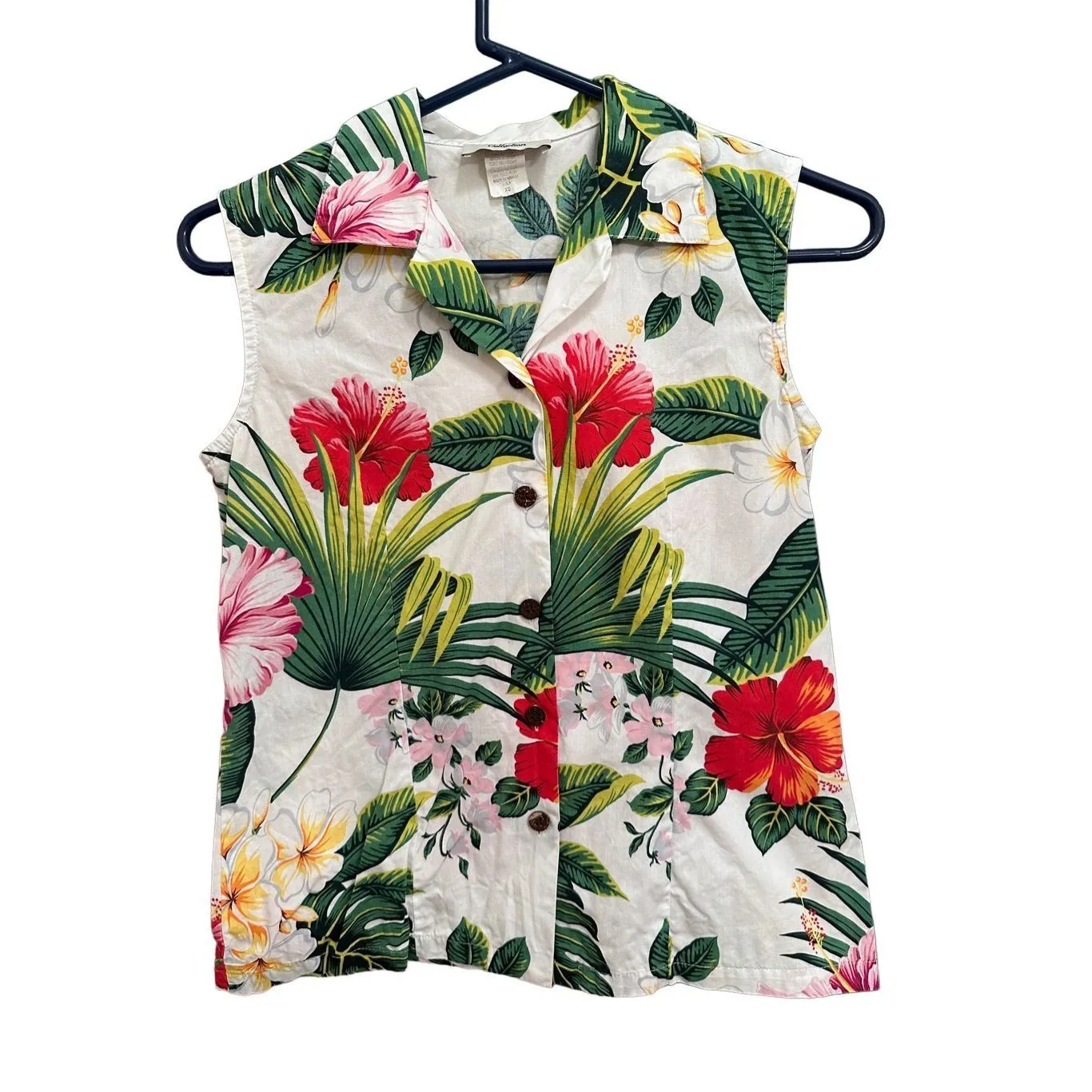 Made in Hawaii Aloha hibiscus floral sleeveless button down Top XS Red - Image 2