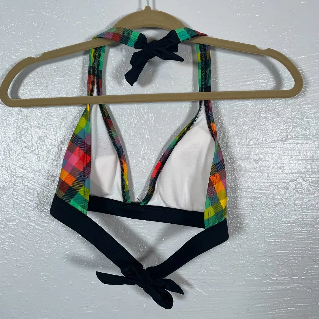 Patagonia Women XL Pink Green Plaid Bikini Top Triangle Halter Tie Padded Summer - Image 4