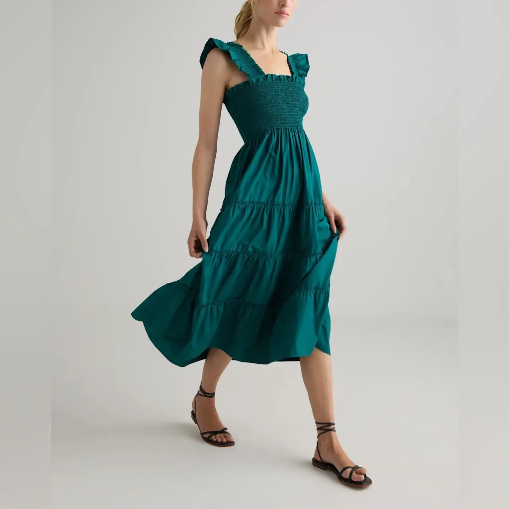 NWT Quince Women’s 100% Organic Cotton Poplin Smocked Midi Dress – Green, Size M Green Size M - Image 4