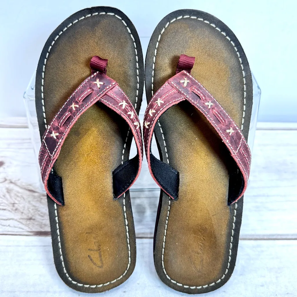 Clark’s Burgundy Genuine Leather Flip Flops Sandals Western Boho Comfy Size 7M - Image 2