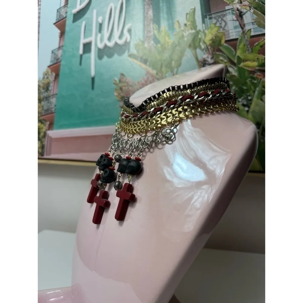 Topshop Gold Silver Stacked Chain Choker Necklace Black Skull Red Cross Pendants - Image 5