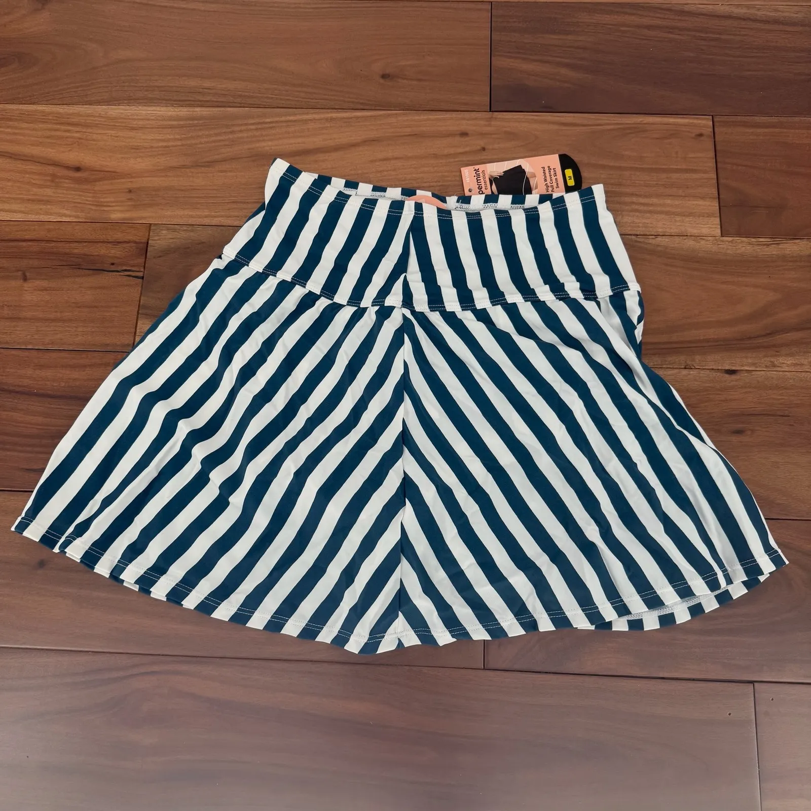 Shapermint High Waisted Full Coverage Swim Skirt Navy White Stripe Size Medium Blue - Image 2