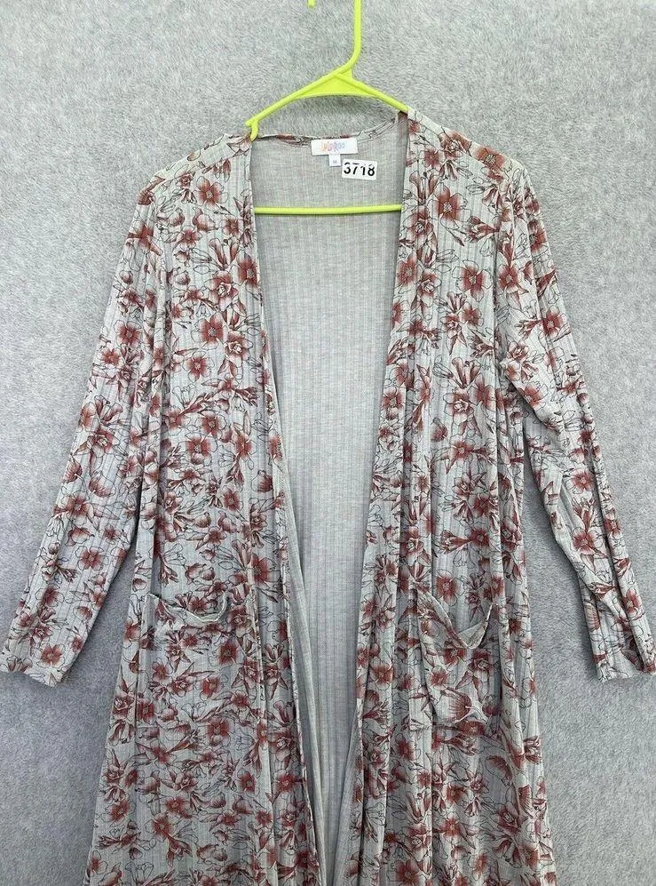 Lularoe Women's Long Cardigan Long Sleeve Gray Floral Ribbed Size Medium - Image 11