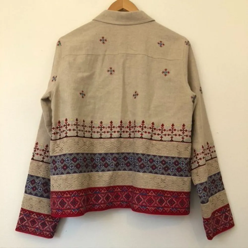 COLDWATER CREEK Beige Tan Red Blue Cross Stitch Linen Etc Shacket Jacket Medium - Image 8