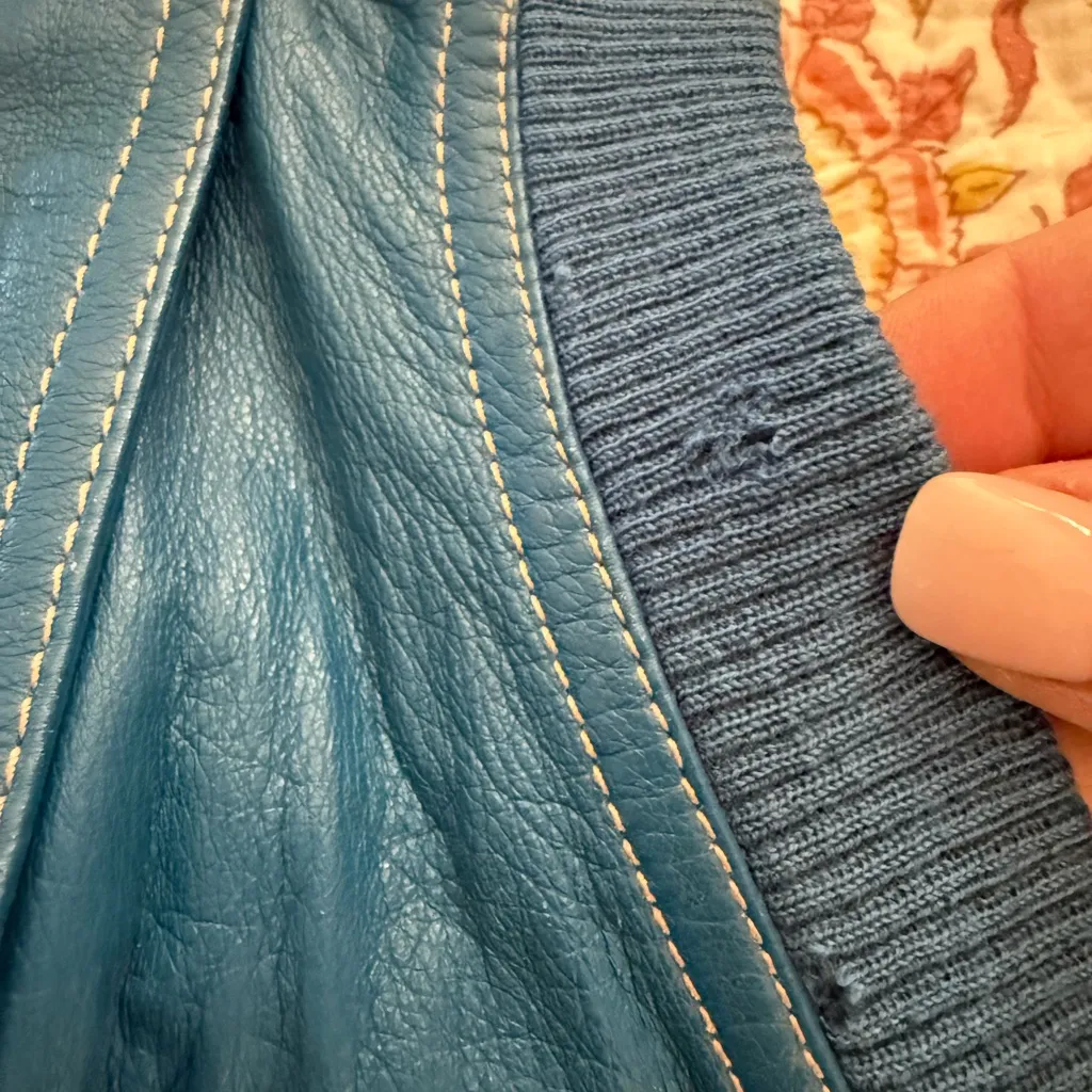 Italian Vintage | LA MATTA Teal Blue Blush Button Knit Armscyes Leather Vest - Image 7