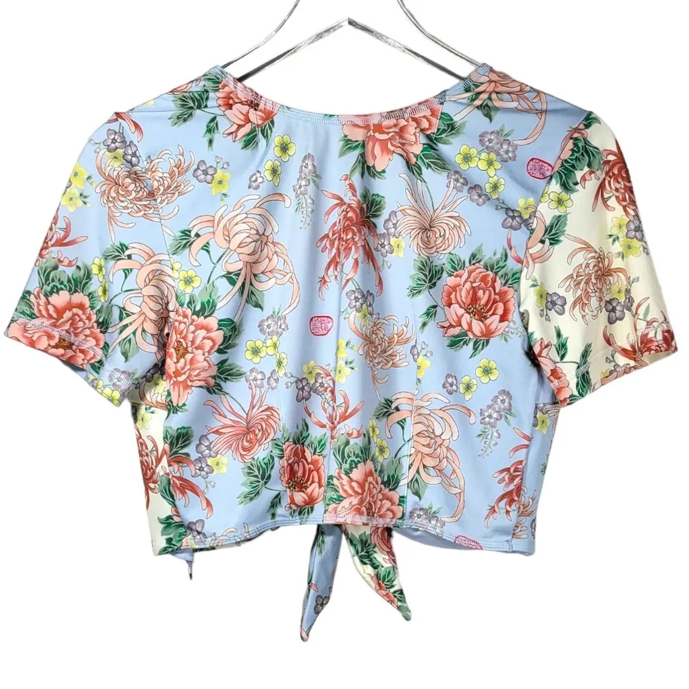 HAH All Tied Up Short Sleeve Floral Print Swim Top in Kyoto French Blue Size L - Image 6
