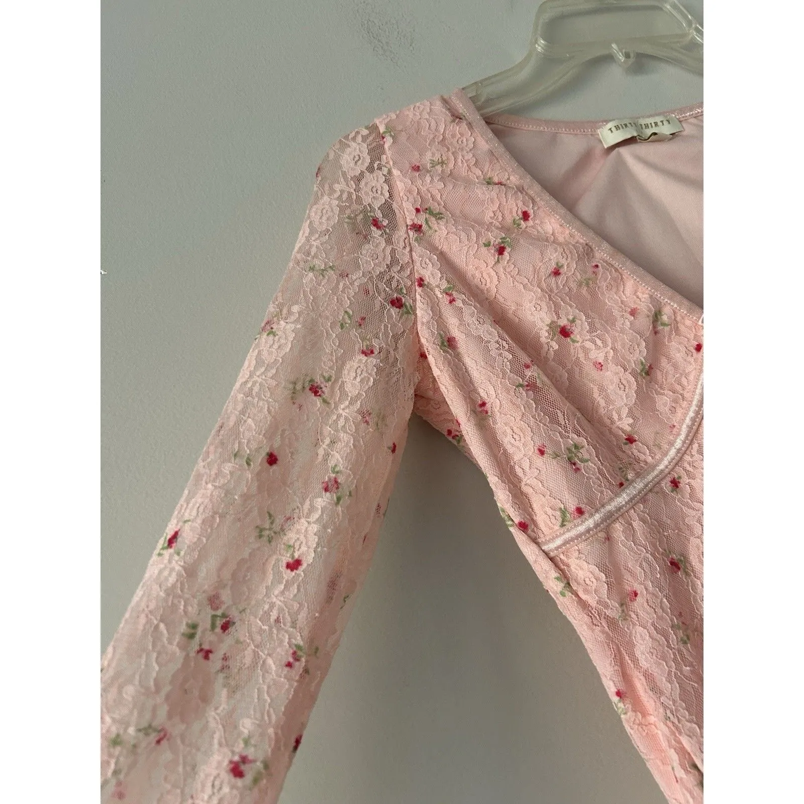 Thirty Thirty Pink Floral Rose Lace Top Mesh Sleeve Bow Detail Coquette Size S - Image 11
