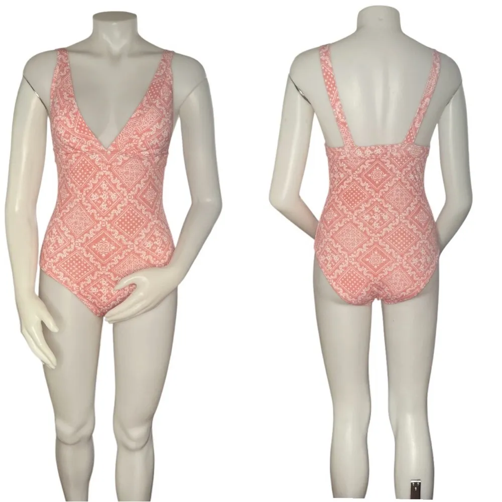 REYN SPOONER Swimsuit Lahaina Pink White One Piece Soft Cups V Neck Size 4 - Image 9