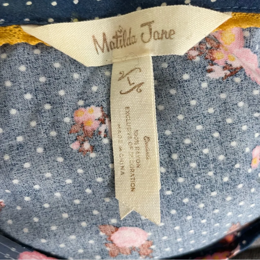 Matilda Jane Top Peplum Floral Polka Dot Ruffle Crocheted Trim Pleated Blue Pink - Image 14