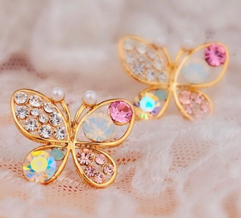 Colorful Crystal Butterfly Stud Earrings Gold - Image 4