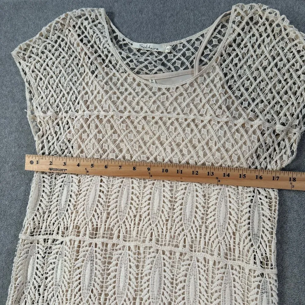 Solitaire Boho Crochet Cap Sleeve Dress Women's Small Beige Slip Beachy Sheer - Image 7