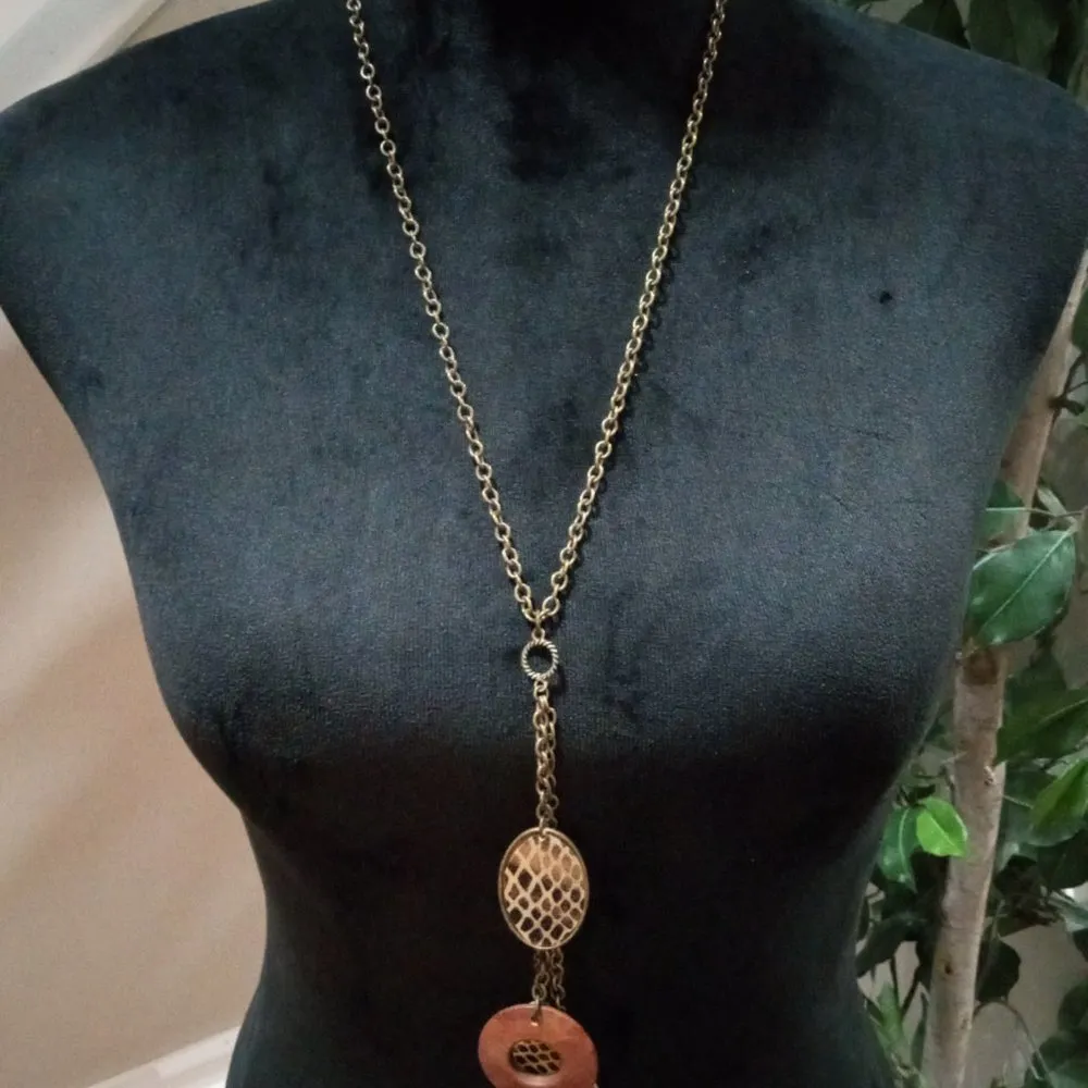 Womens Fashion Chunky Gold Tone Charm Pendant Long Necklace with Lobster Clasp - Image 2