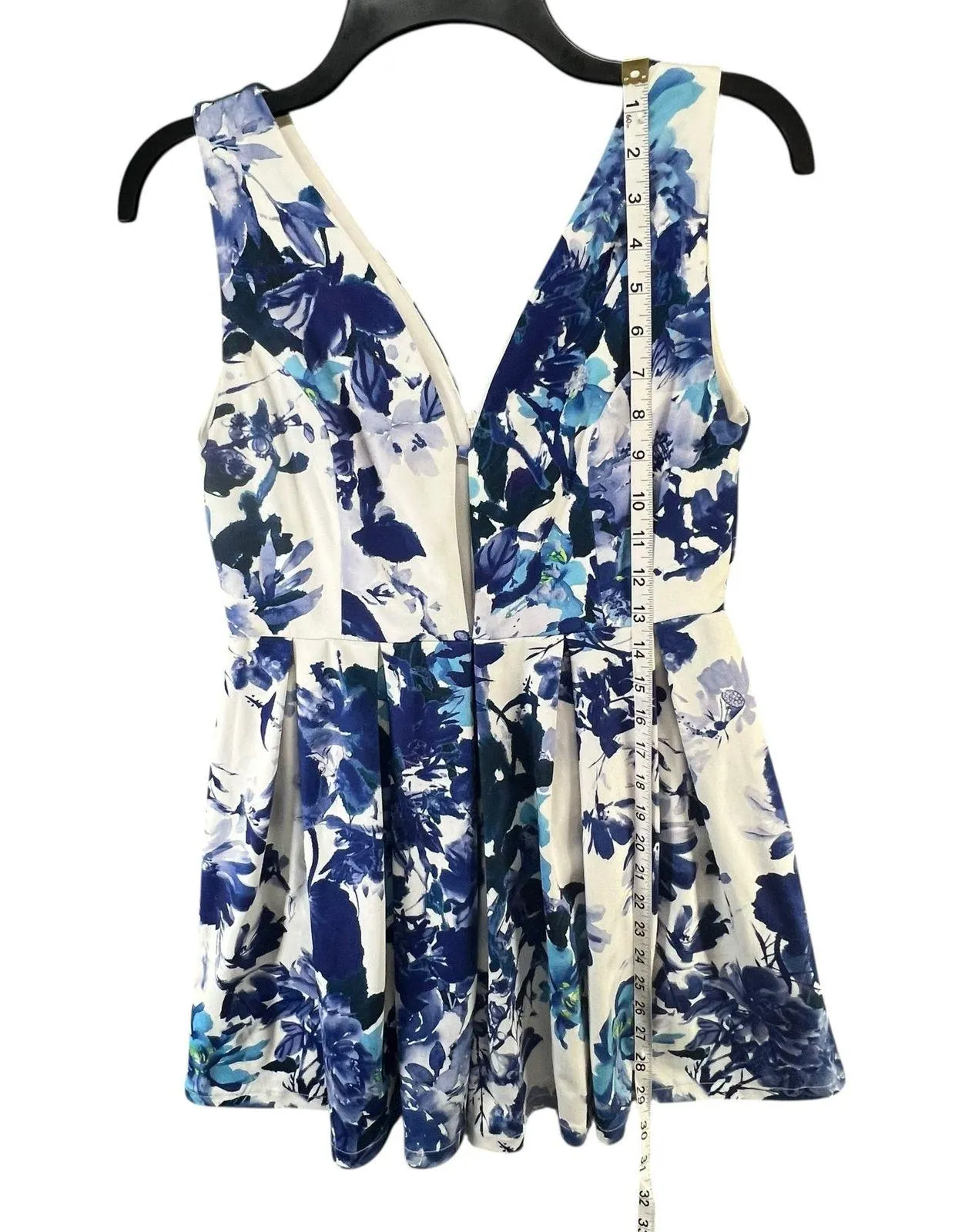 Angl Mini Dress Women S White Blue Floral Plunge V Neck Pleated Fit Flare Skater - Image 9