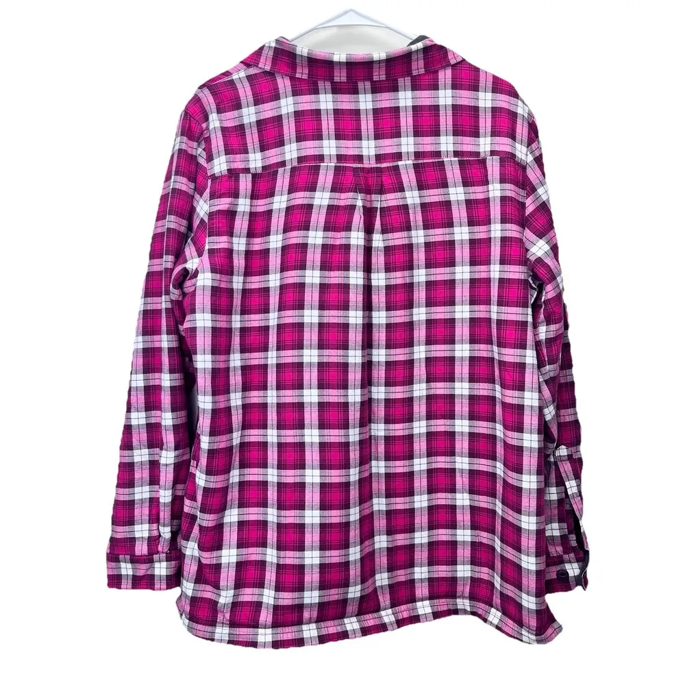 LL Bean Pink Plaid Fleece Lined‎ Flannel Shirt Jacket Shacket Size LARGE - Image 5