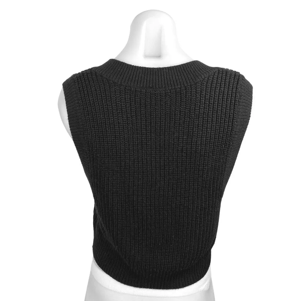 H&M Black Sleeveless Chunky Cable Knitted V-Neck Crop Top Sweater Vest Size M - Image 2