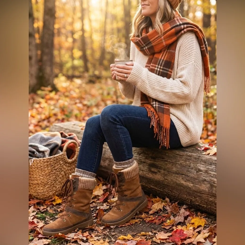 Bearpaw Boots Womens 9 Serena Lace Up Winter Mid Calf Brown Suede Sweater Cuff - Image 4