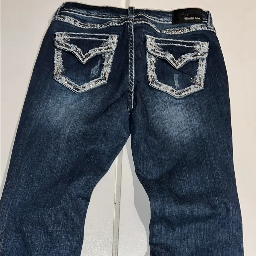 Grace Easy Fit Blue Boot Cut Jeans with Vintage Fade Embellished size 30 - Image 10