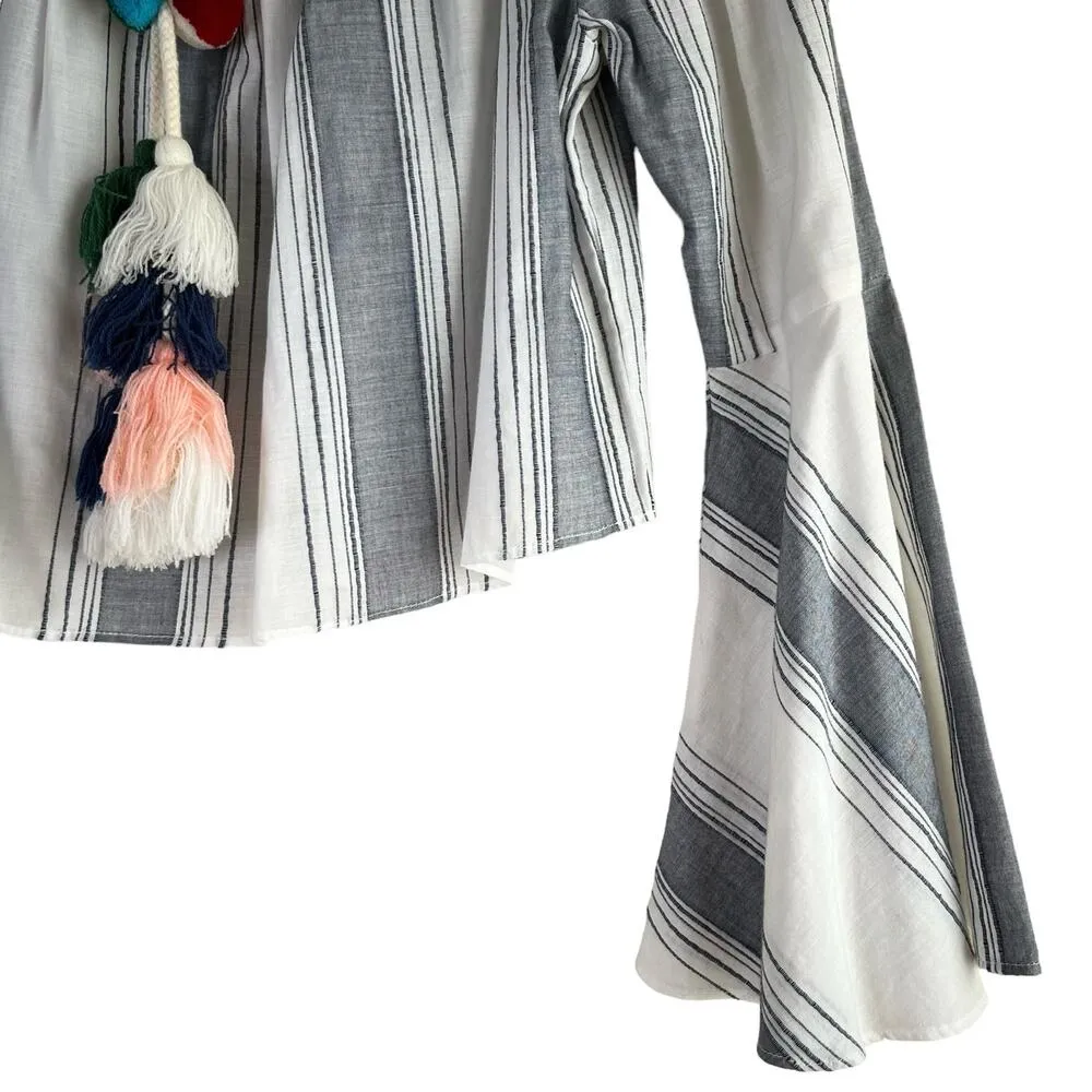 Anthropologie Lilka Off the Shoulder Pom Pom Tassel Crop Top Striped Bell Sleeve - Image 8