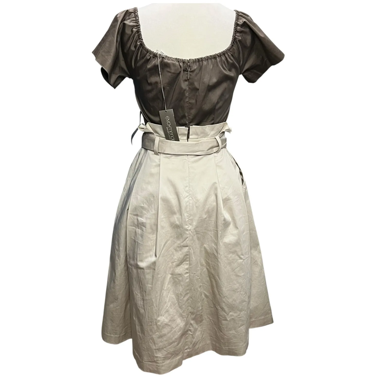 Eva Mendes NYC Midi Dress XS Brown Cream Off The Shoulder Belted Cottage Classic - Image 3