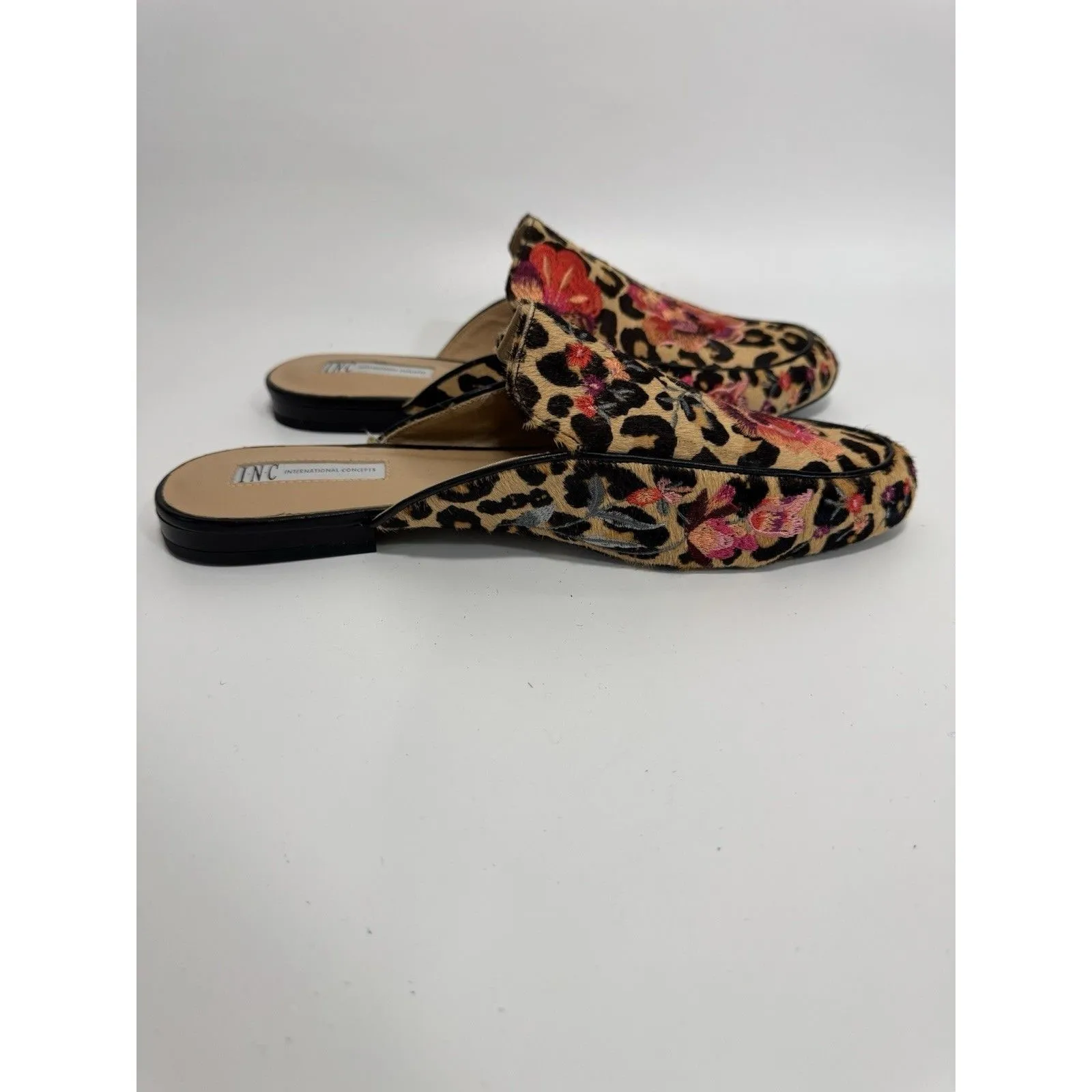 INC Women's Leopard Floral Embroidered Flats Real Calf Hair Mules Shoes 10.5 - Image 13