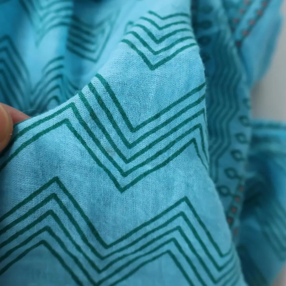 Blue Hand Painted Chevron Scarf Wrap Shawl Throw Pink Flowers Boho Lightweight - Image 8