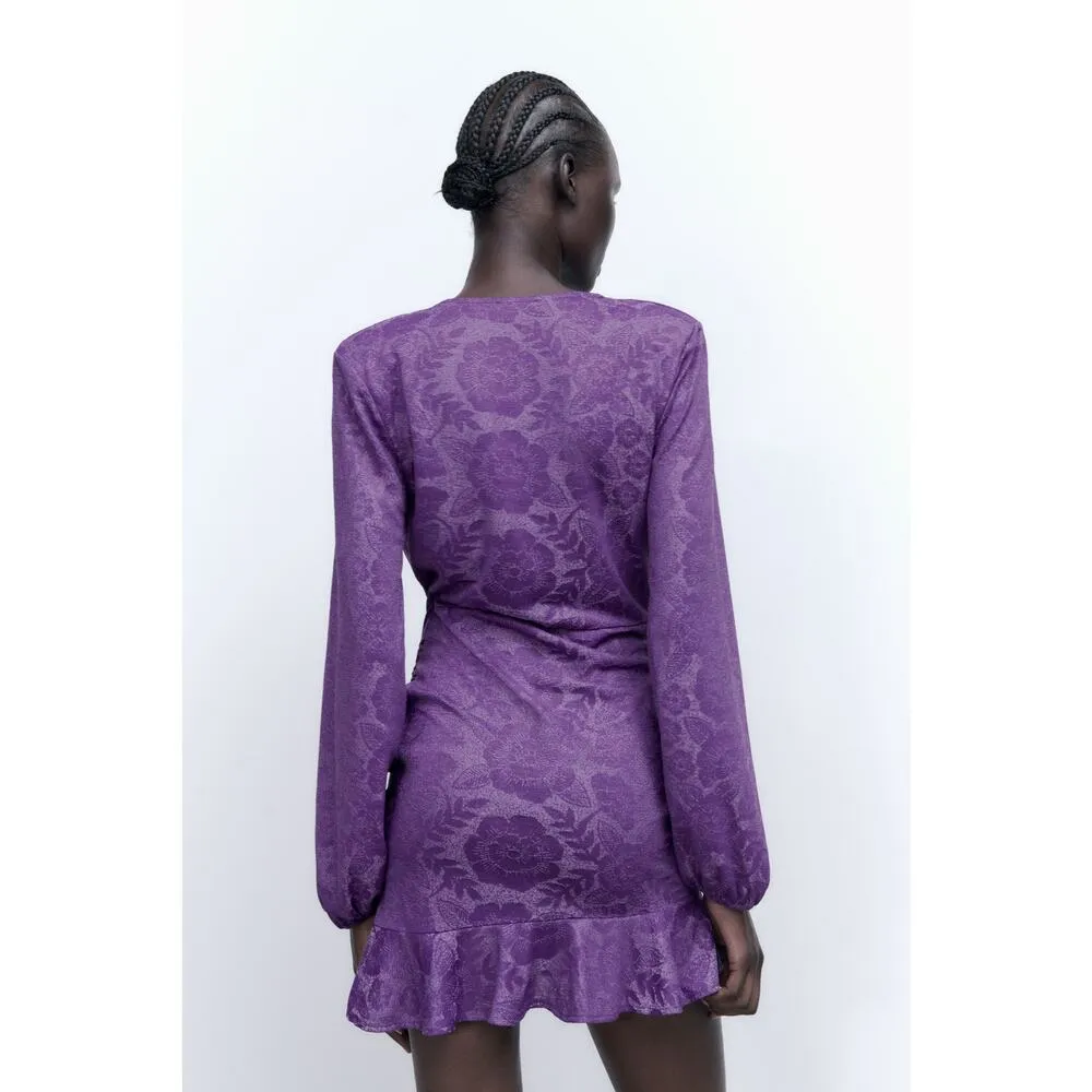 Zara Blogger Favorite Purple Floral  Short Wrap Front Long Sleeve Dress S - Image 2