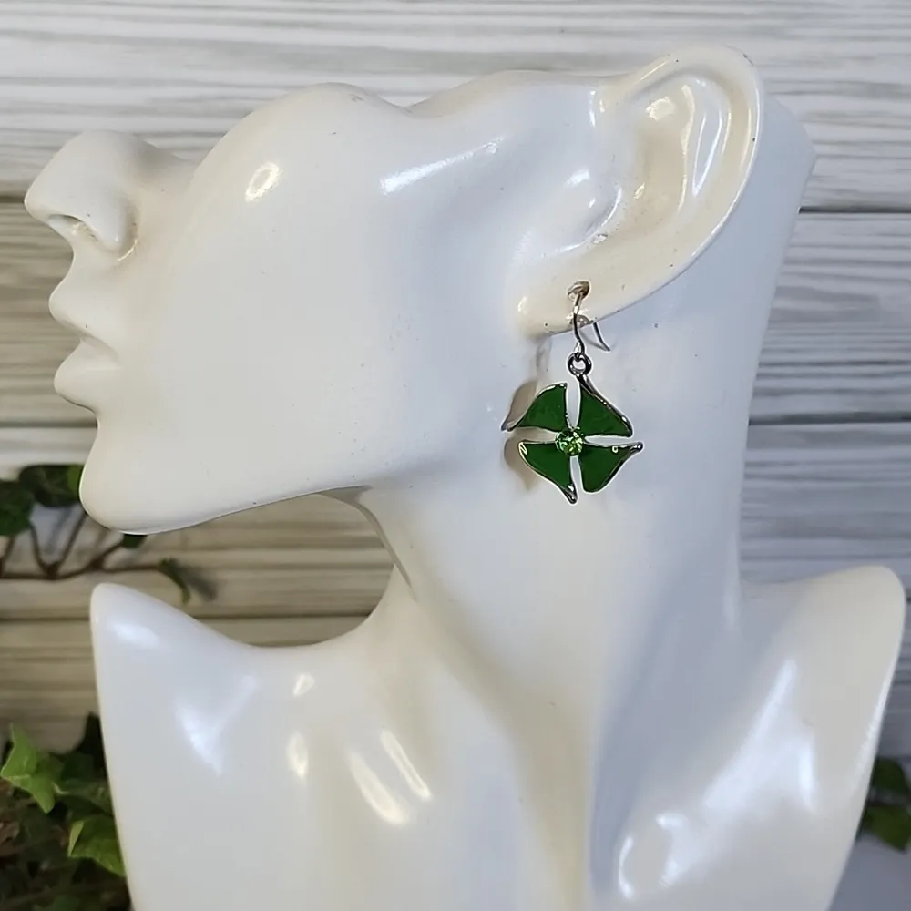 Silver Green Enamel Clover Drop Earrings New - Image 5