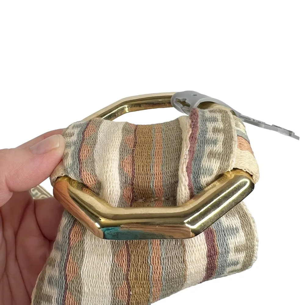 Vintage TJW by Mervyn’s Striped Wide Fabric Gold Octagon Buckle Belt Tan - Image 3