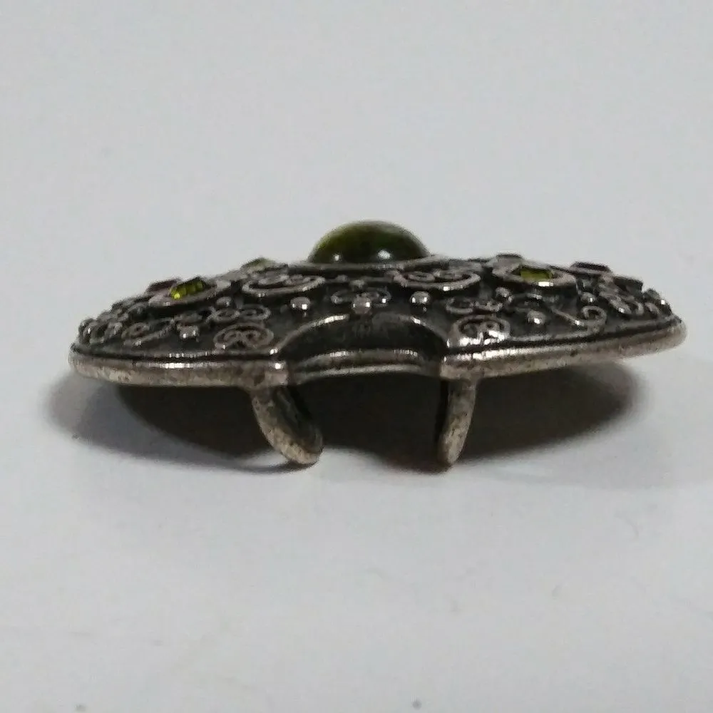 MCM Large Shield Pink/ Green Gem Ornate Silvertone Pendant - Image 4