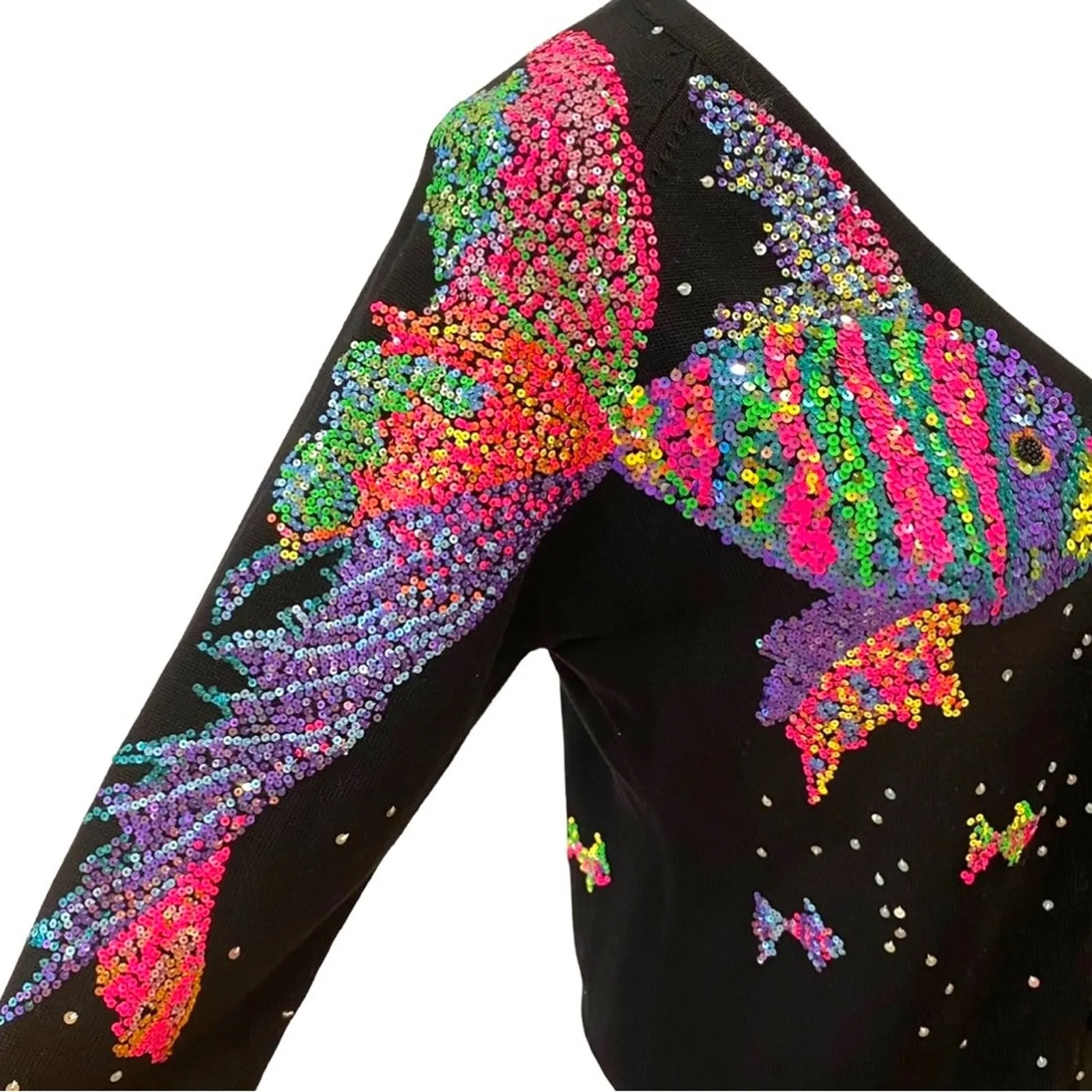 Michael Simon Vintage Sweater Small Cardigan Y2K Silk Fish Art Sequin Seascape Black - Image 3