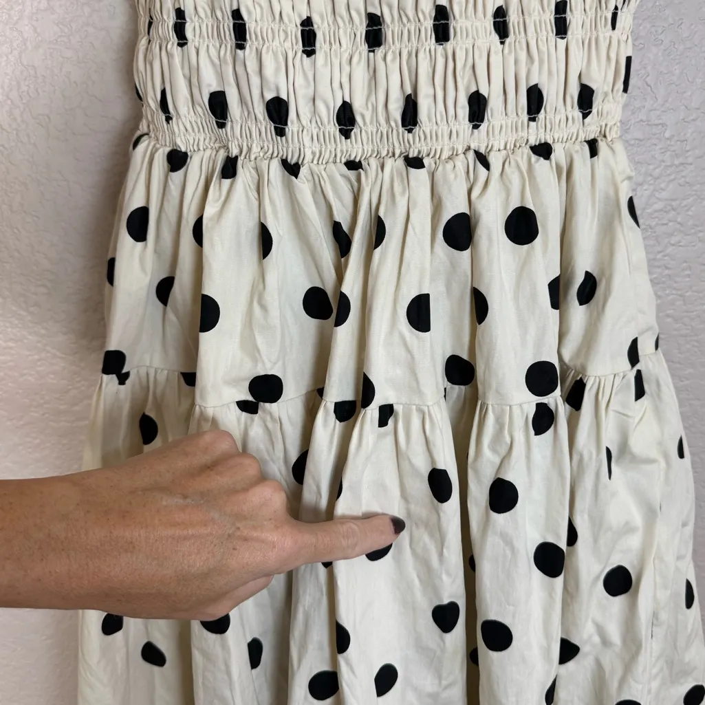 Anthropologie En Saison Cream Black Polka Dot Tiered Midi Dress Bow Straps Small - Image 14