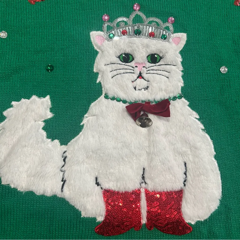 Ugly Christmas Sweater Cat Bling It On Green Lights Pom Pom XL Funny Holiday Red - Image 2
