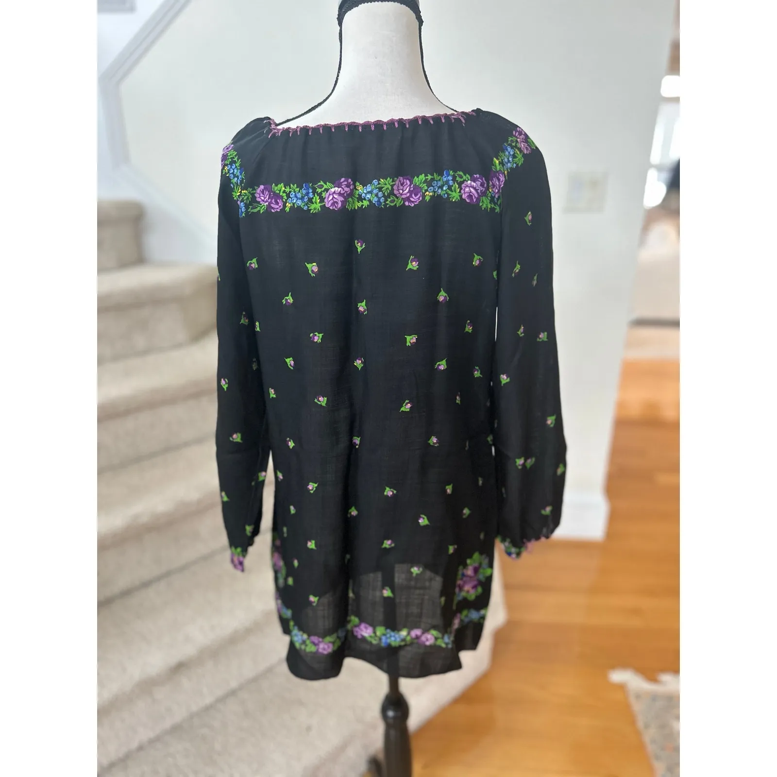 Vintage 60s 70s Lord & Taylor Black Blouson Purple Floral Mini Dress Cottage - Image 5