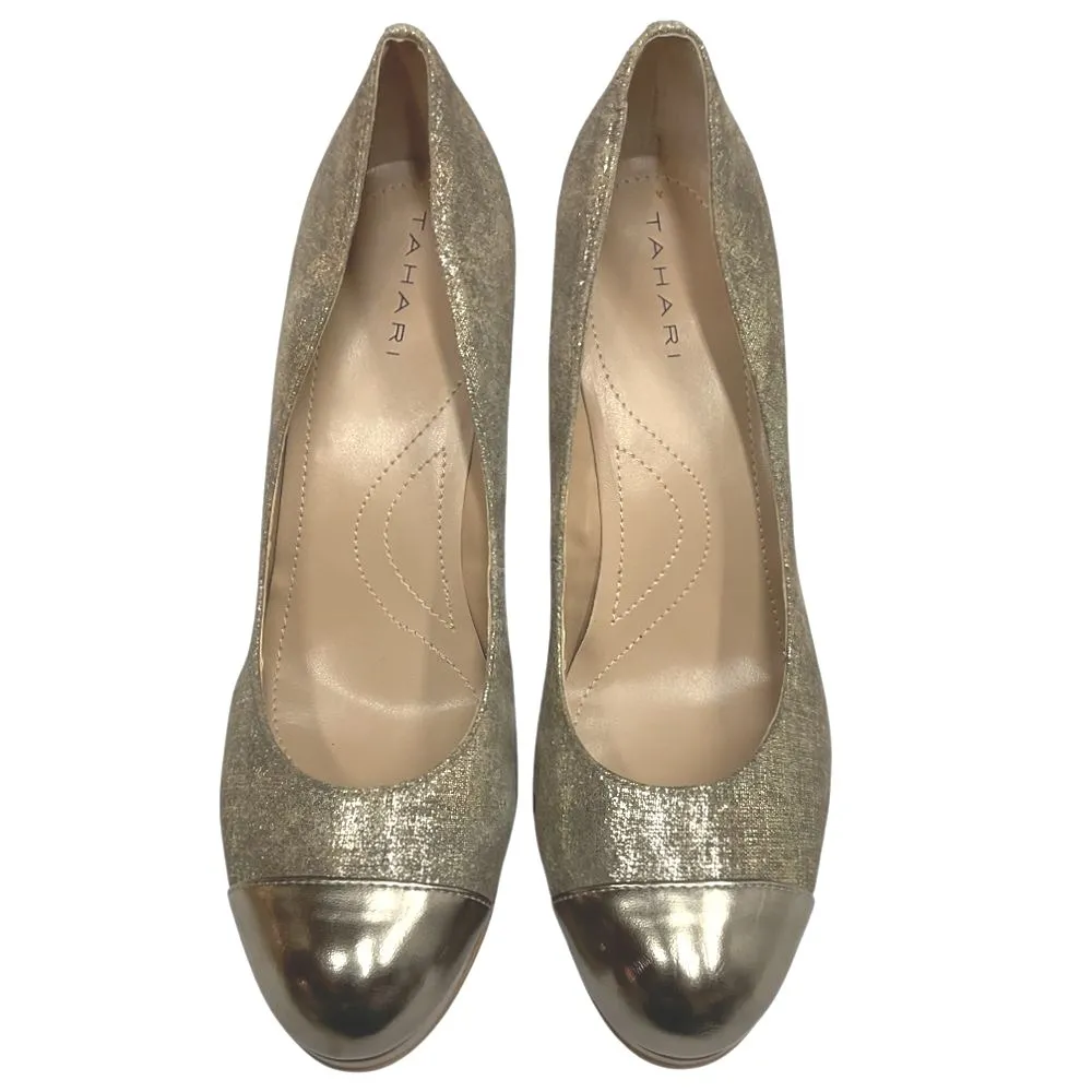Tahari Women's‎ Laura Gold Cap Toe Leather Platform Pumps Heel Size  8.5M Party - Image 3