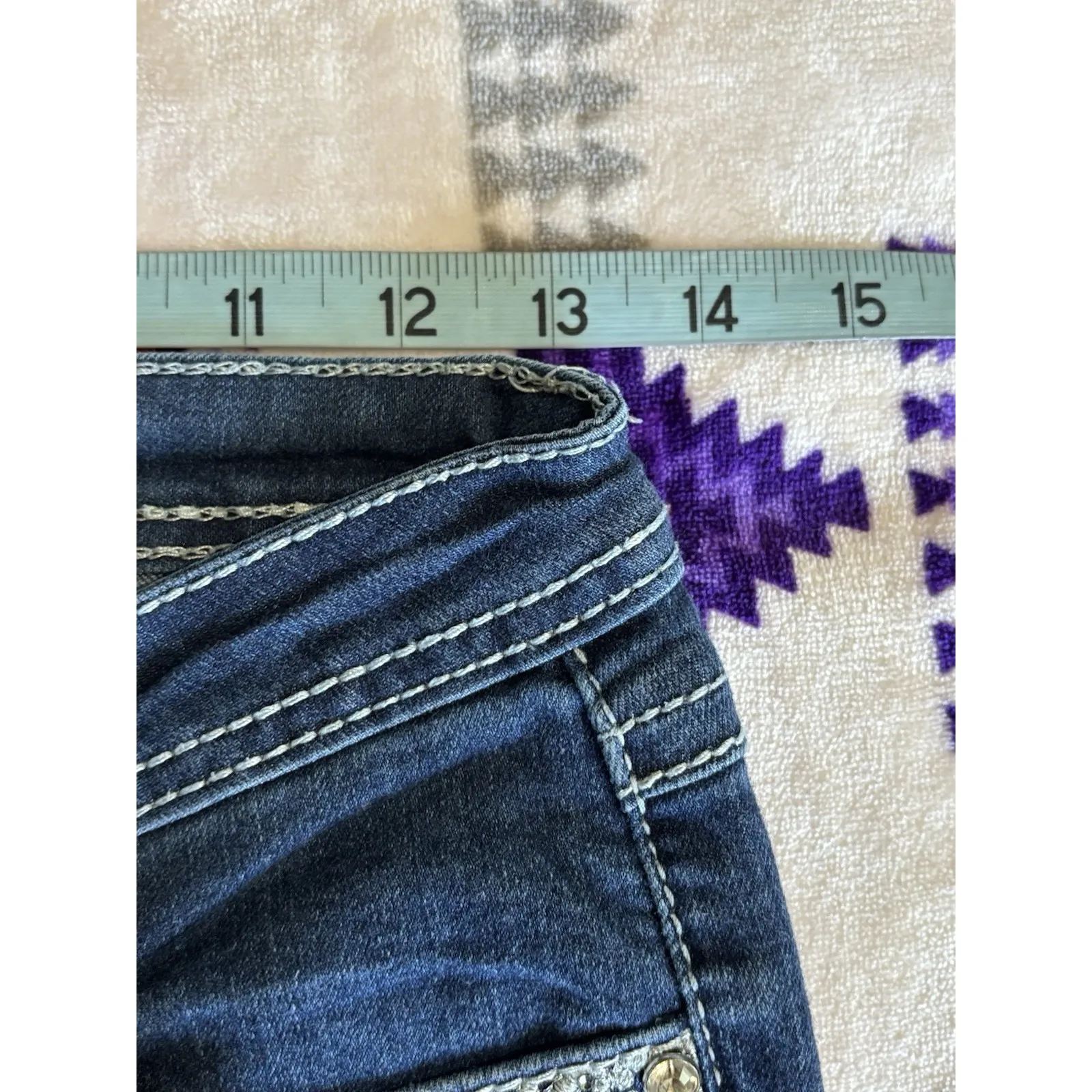 Earl Jeans Med Wash Low‎ Rise Skinny Bootcut Denim Jeans Size 1 Embroidered Gems Blue - Image 8