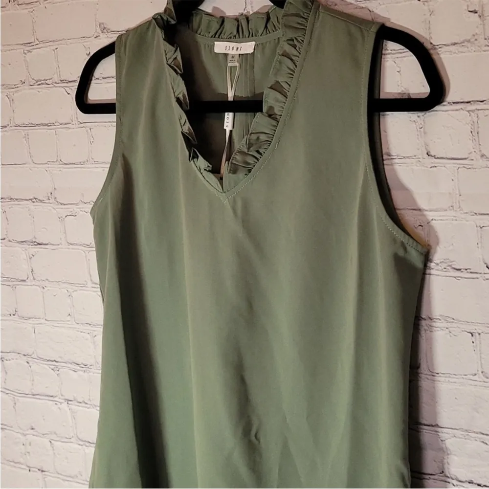 New Sleeveless Khaki Green SIONI V Neck Sleeveless Ruffle Blouse Top — XL - Image 2