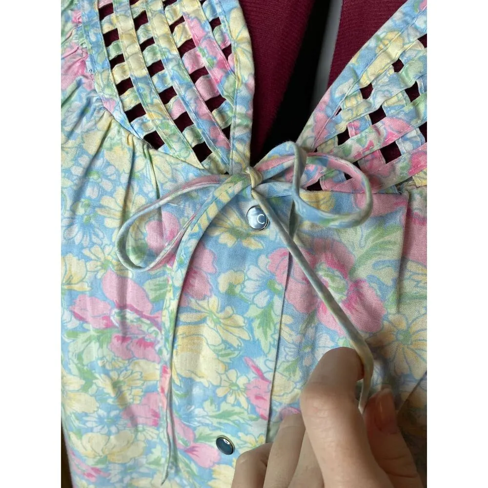 Frolicking dress Vintage floral housecoat pastel pink blue yellow Size L - Image 5