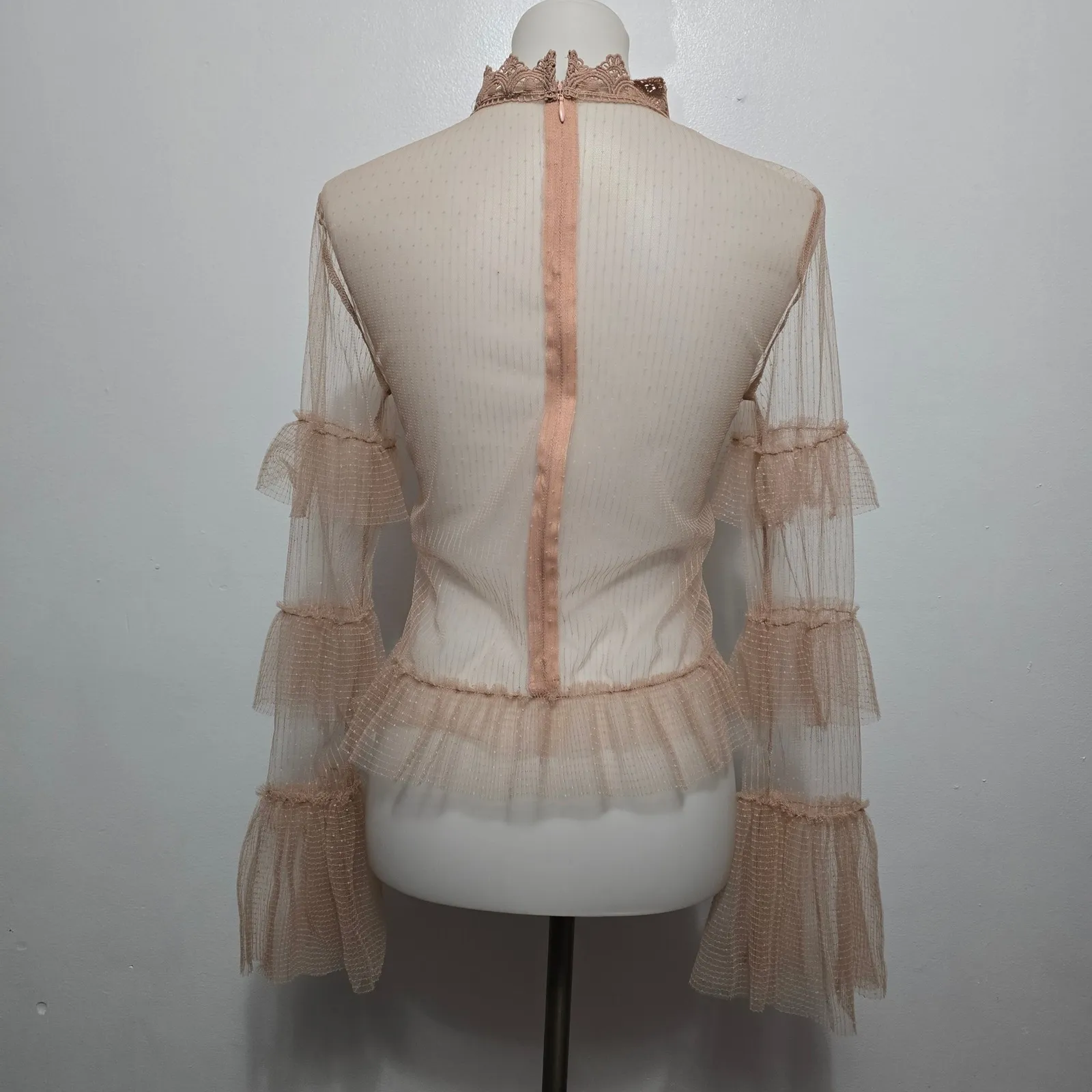 Buckle A Peach Pink Ruffle Trimmed Sheer Swiss Dot Long Sleeve Top S Romantic - Image 5
