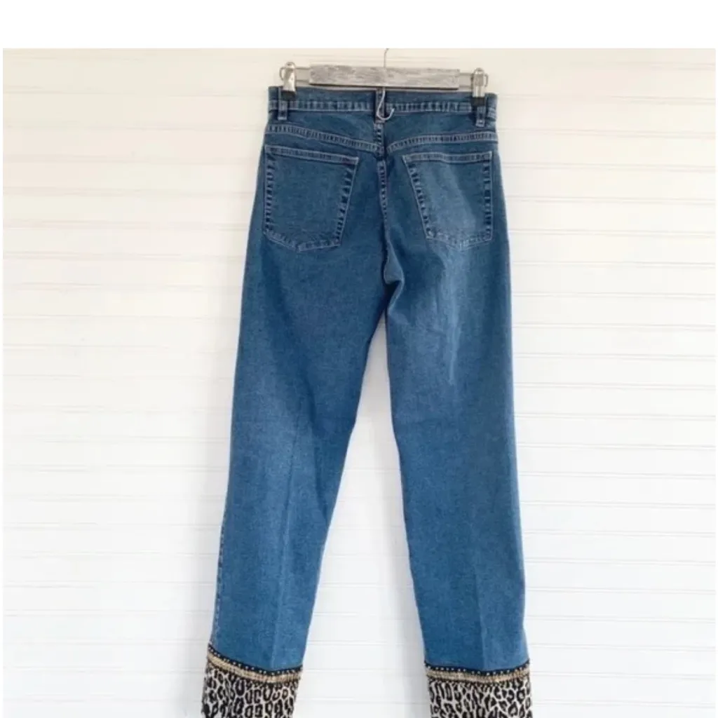Gabby D Leopard Print Sequin Cuff High Waisted Straight Bootcut Denim Jeans Blue Size 4 - Image 2