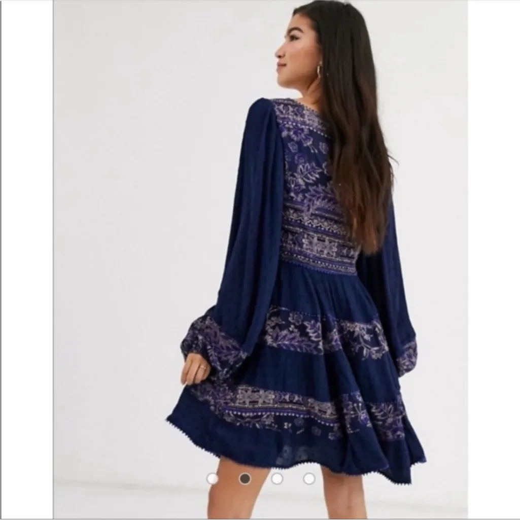 Free People My Love Mini Dress Blue Embroidered Size Small - Image 3