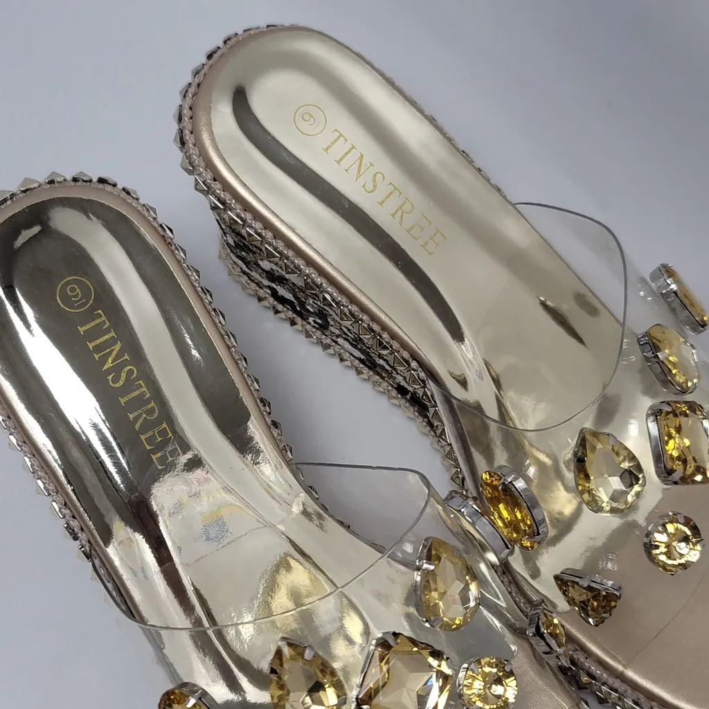 Tinstree Clear PVC Studded Gemstone Gold Wedge Platform Slide Sandal Size 9 - Image 8