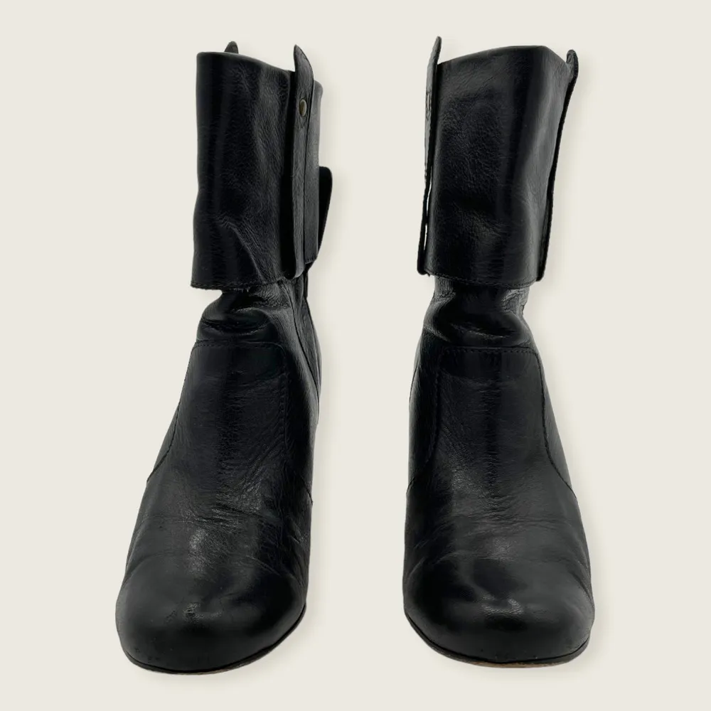 Dolce Vita Black Leather Bow Faux Fold Over 3" Stacked Heel Ankle Boots 6.5 - Image 2