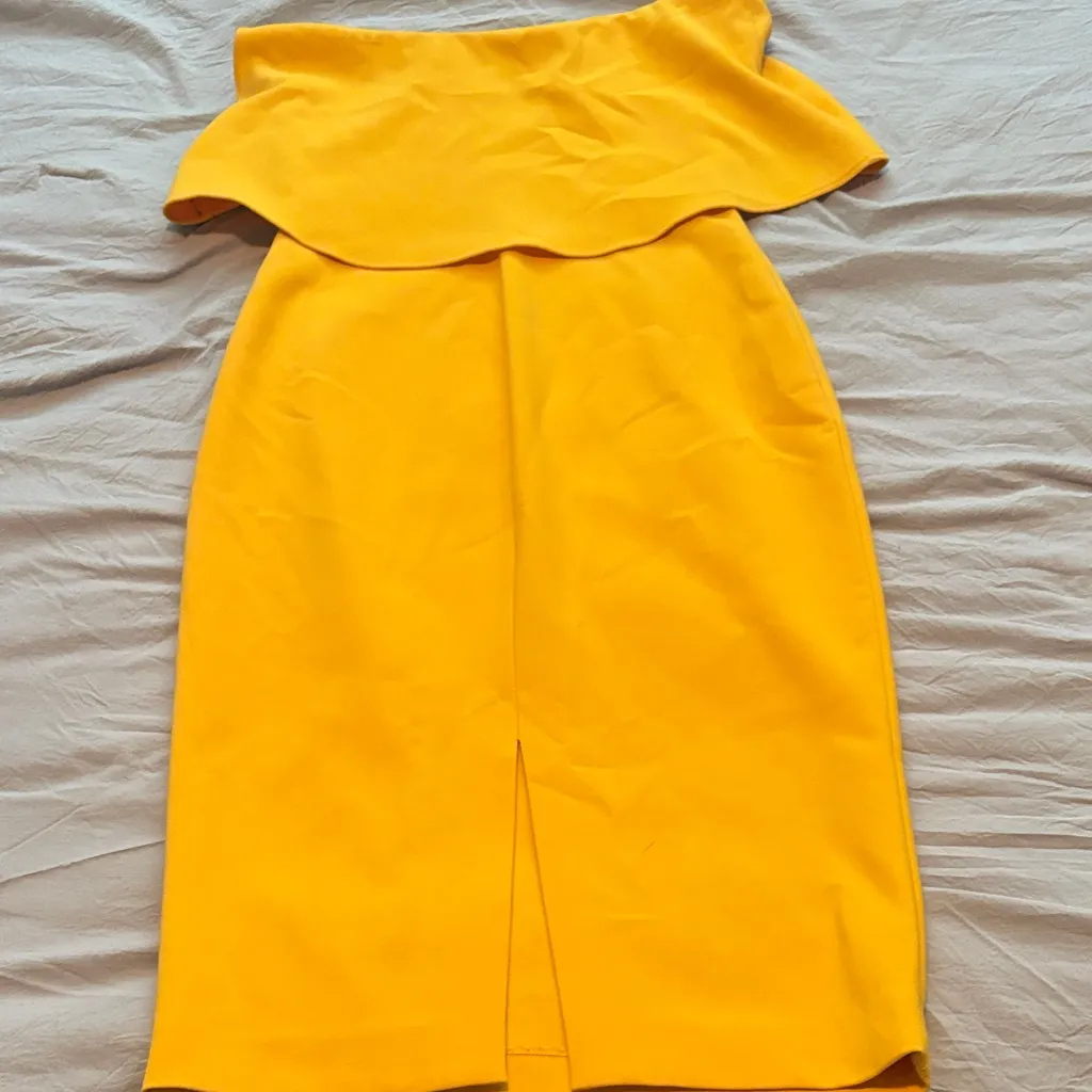 Bright Yellow strapless midi sheath Dress - Image 3