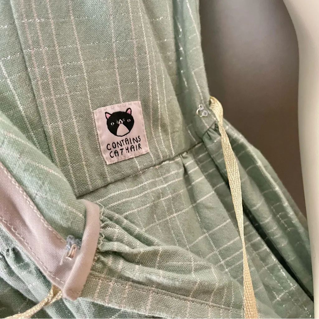 Handmade Wrap Dress Green Metallic Tulip Sleeves Twee Pockets Gathered Skirt - Image 8