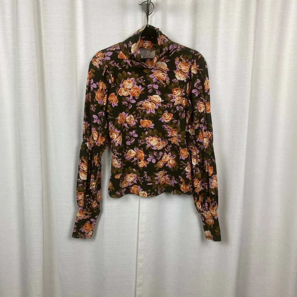 Anthropologie Brown Orange&Purple Floral Puff Sleeve Blouse Sz.S - Image 4