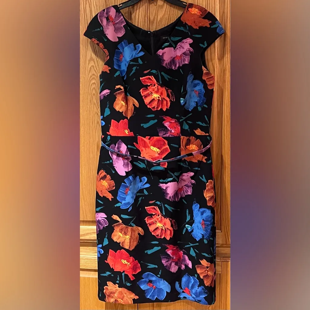 David Meister Cap Sleeve Belted Floral Print Stretch Lined Sheath Dress Size 10 - Image 14
