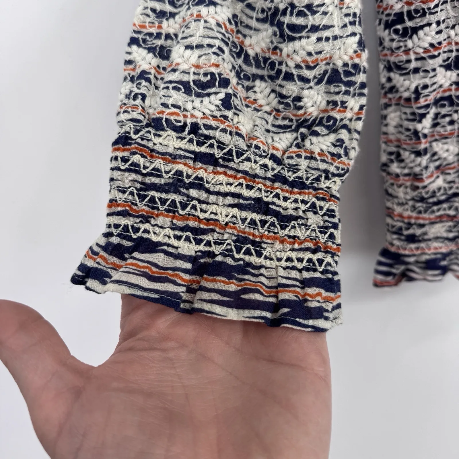 Tory Burch Nadia Peasant Top Womens 4 Blue White Orange Embroidered Tassels - Image 5