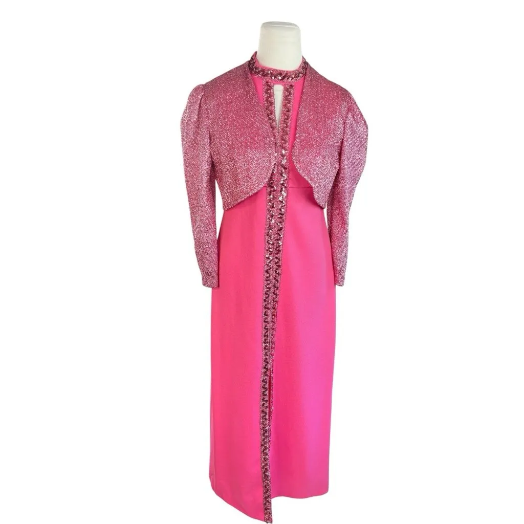Vtg 60s Maxi Dress W/Jacket Womens S? Barbie Pink Empire Waist Palm Royale Party Size M - Image 2