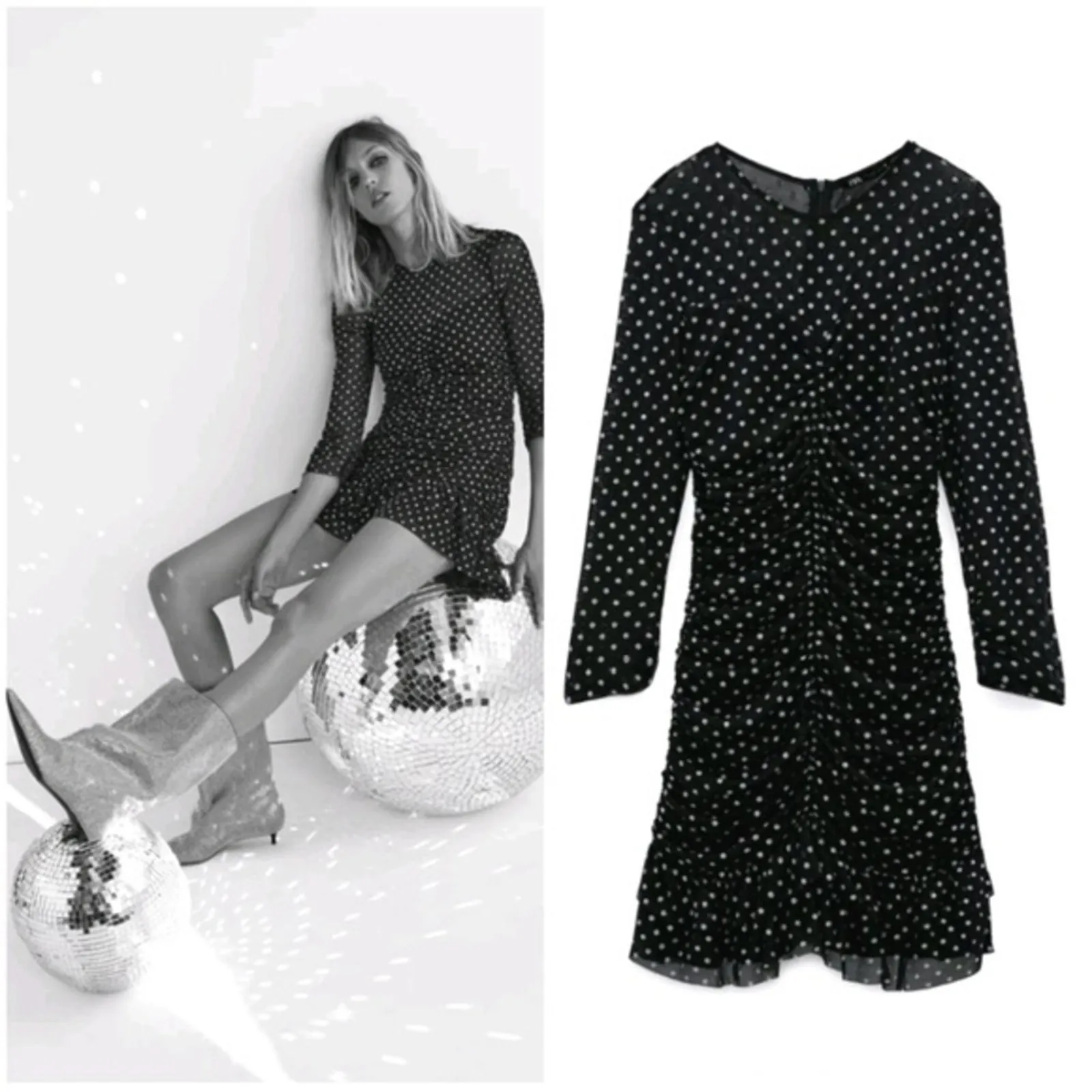 NWT Zara Swiss Dot Mesh Tulle Ruched Mini Dress Size M Sheer Party Going Out - Image 2