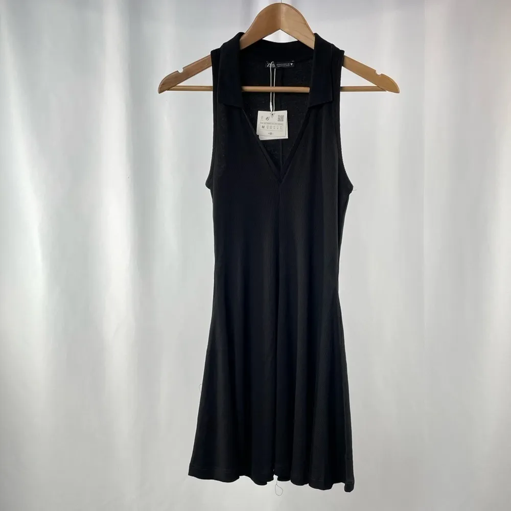 Zara Lapel Collared Ribbed Dress‎ in Black Size Small - Image 3